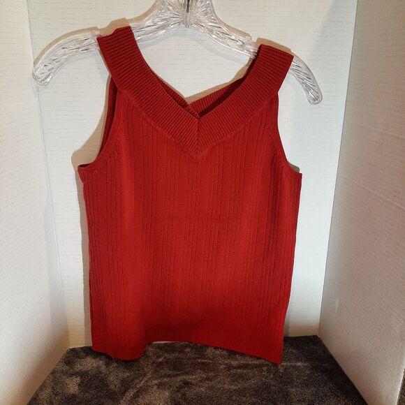 Y2K VTG Faded Glory Ribbed Large Tank 90s Striped Sleeveless Sweater V Neck Red - Picture 1 of 8